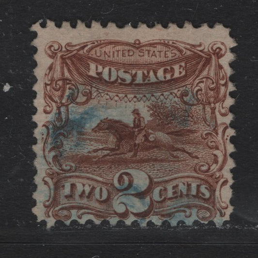 Lot 19 United States SC#113 2c Light Reddish Brown , 1869 Presidents Issue, A Fine used Single, Perf 11.9x12.1, Full But Faint Grill Impression, Blue Cancel.