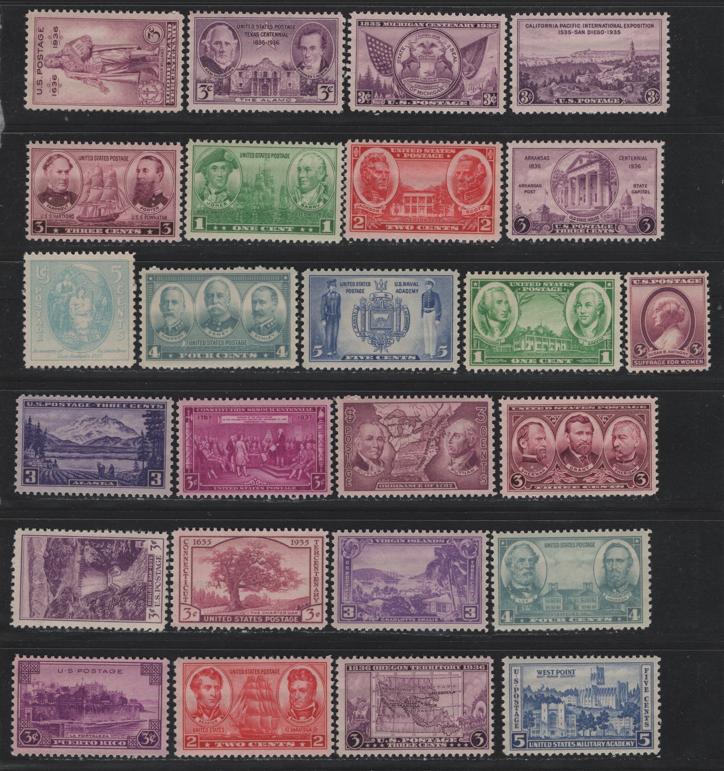 Lot 192 United States SC#772-777, 782-796, 798-802 3c Rose Purple - Rose Violet, 1935-1937 Connecticut Tercentenary - Territorial Issues, 25 F/VFNH Singles, Mostly VFNH Group With Only 5 Being Fine, 772, 774, 783, 794 & 801