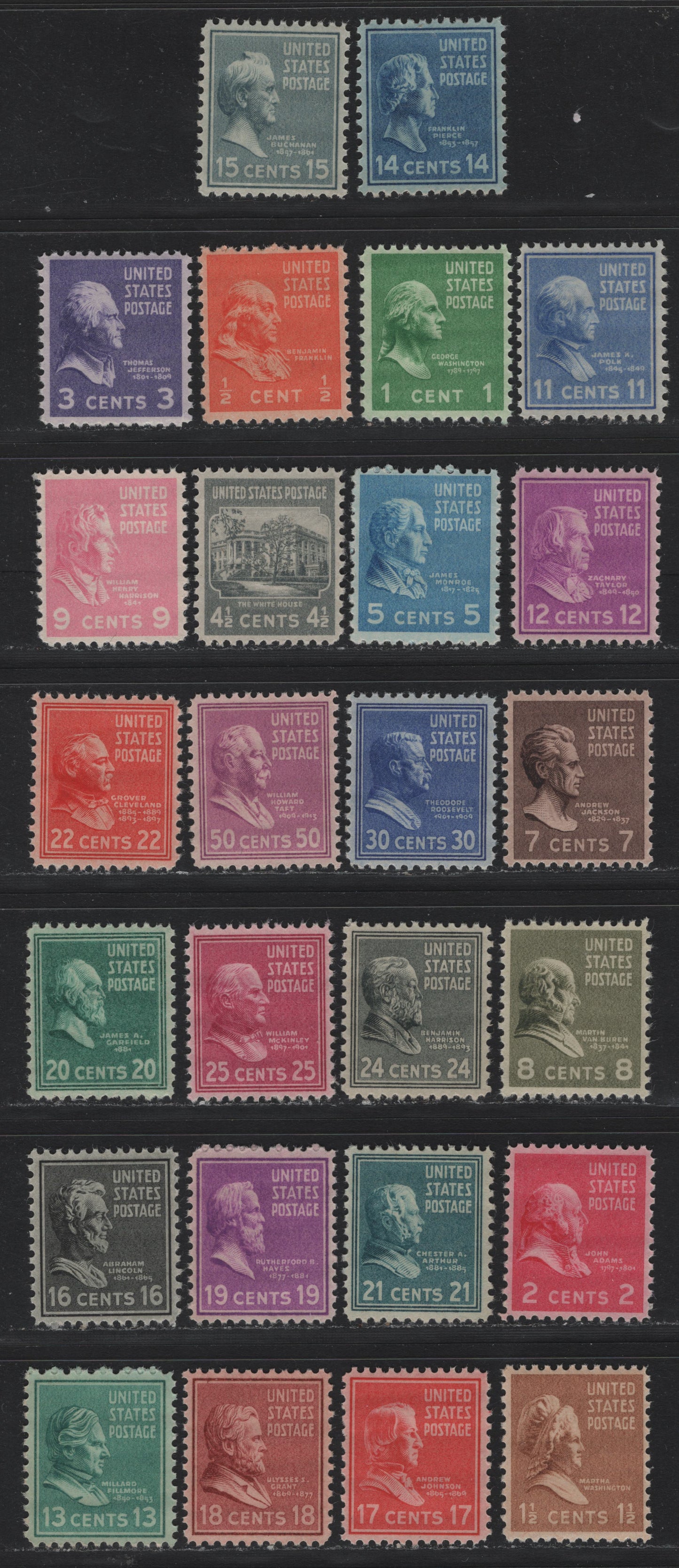 Lot 198 United States SC#803-807, 809-810, 812-831 1/2c - 50c Orange - Mauve, 1938-1954 Presidental Issue, 26 F/VFNH Singles, Nearly Complete & Mostly VF Short Set To The 50c, Missing Only The 4c, 6c & 10c