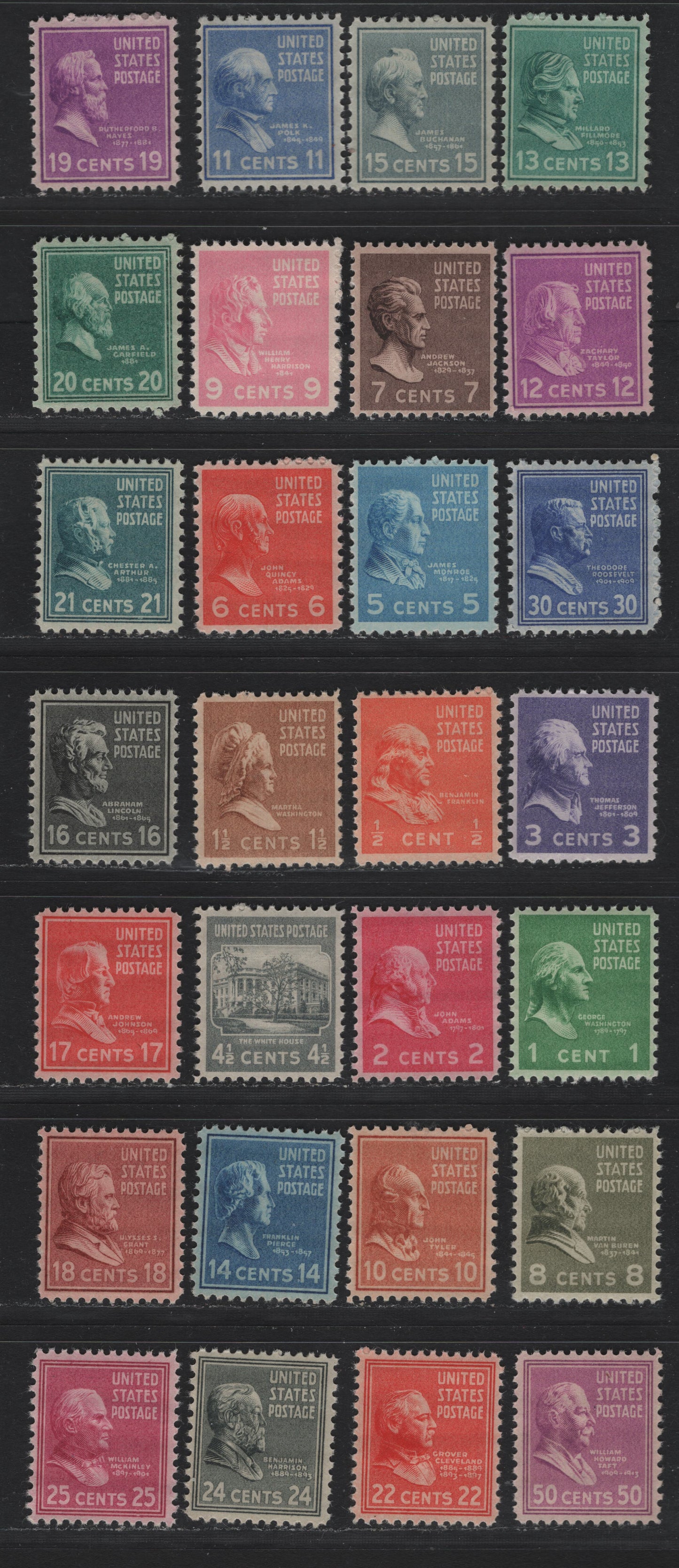 Lot 199 United States SC#803-807, 809-831 1/2c - 50c Orange - Mauve, 1938-1954 Presidental Issue, 28 F/VFNH Singles, Nearly Complete Short Set, Missing Only The 4c, 6c & 10c