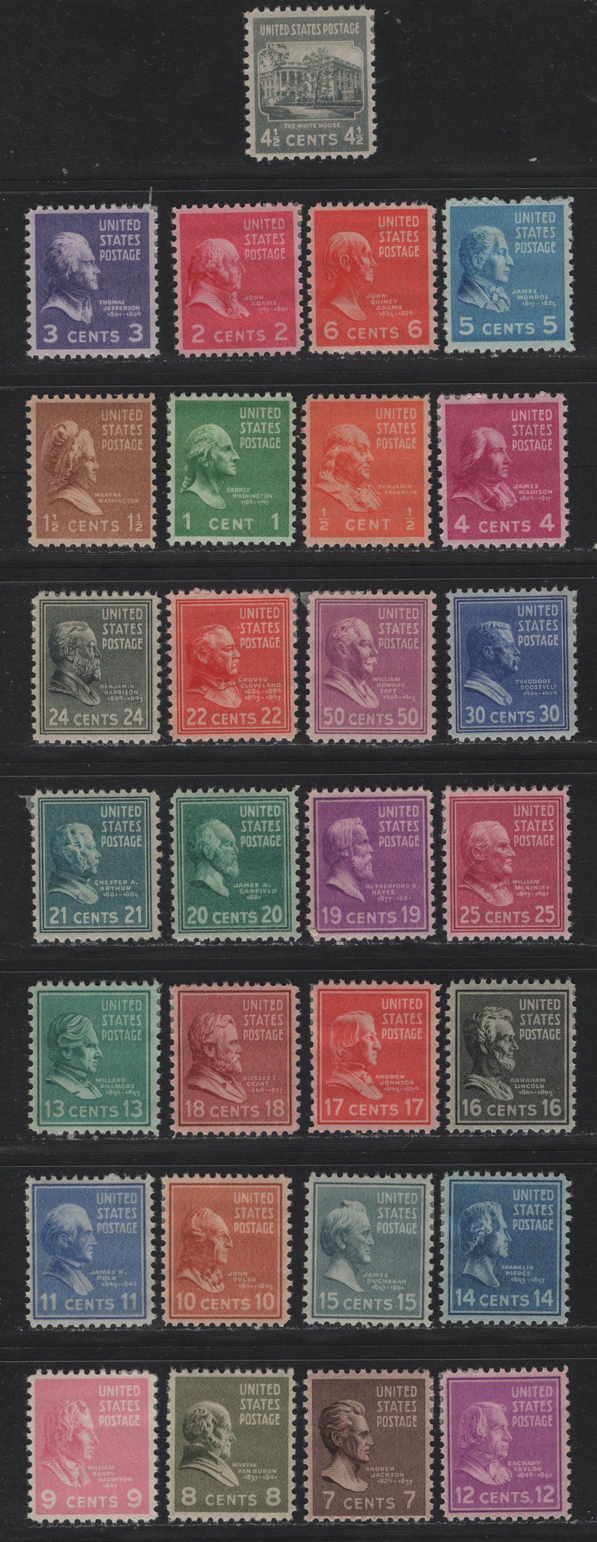 Lot 78 United States SC#803-831 1/2c - 50c Orange - Mauve, 1938-1954 Presidental Issue, 29 F/VFOG Singles, Complete Short Set