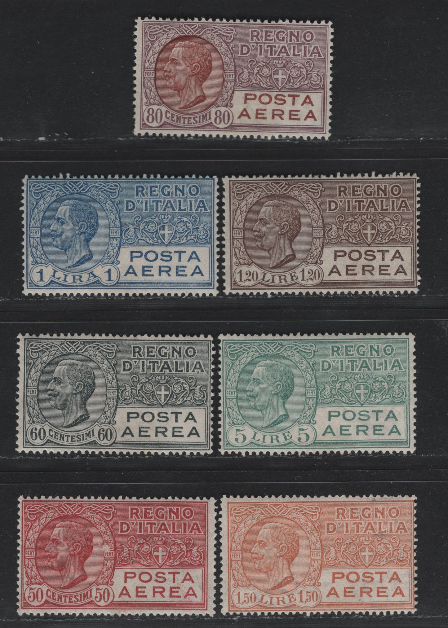 Lot 2 Italy Scott#C3-C9 50c - 5l Rose Red - Gray Green , 1926-1928 Victor Emmanuel III Airmail Issue, 7 F/VFOG Singles