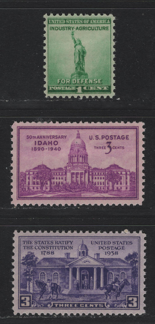 Lot 80 United States SC#835, 896,899 3c - 1c Deep Violet - Emerald Green, 1938-1940 Constitution Ratification - National Defence Issue, 3 XFOG Singles, Nearly Perfectly Centered Hinged Examples
