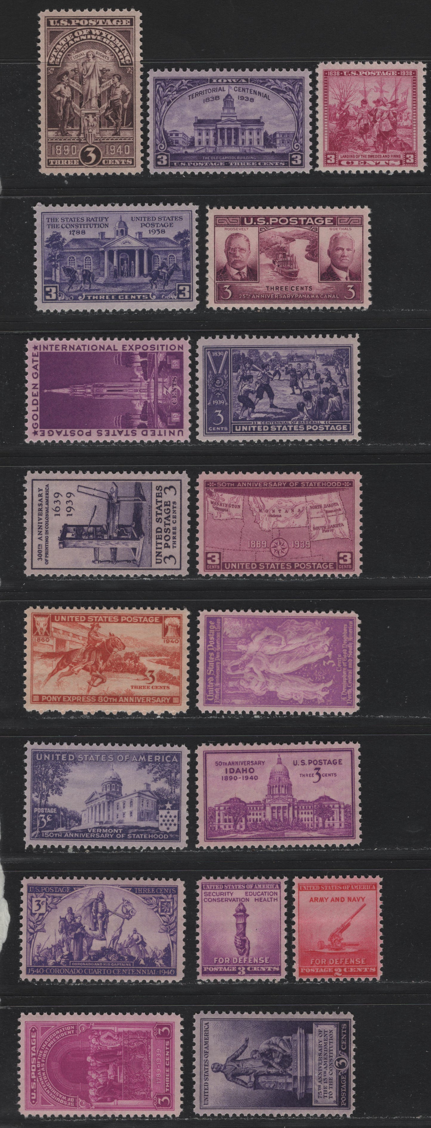 Lot 203 United States SC#835-838, 852, 854-858, 894-898, 900-901 3c Deep Violet - Bright Mauve, 1938-1940 Constitution Ratification - National Defence Issue, 18 F/VFNH/OG Singles, Mostly VFNH Range of Commemorative Singles, Only 854 Was Fine