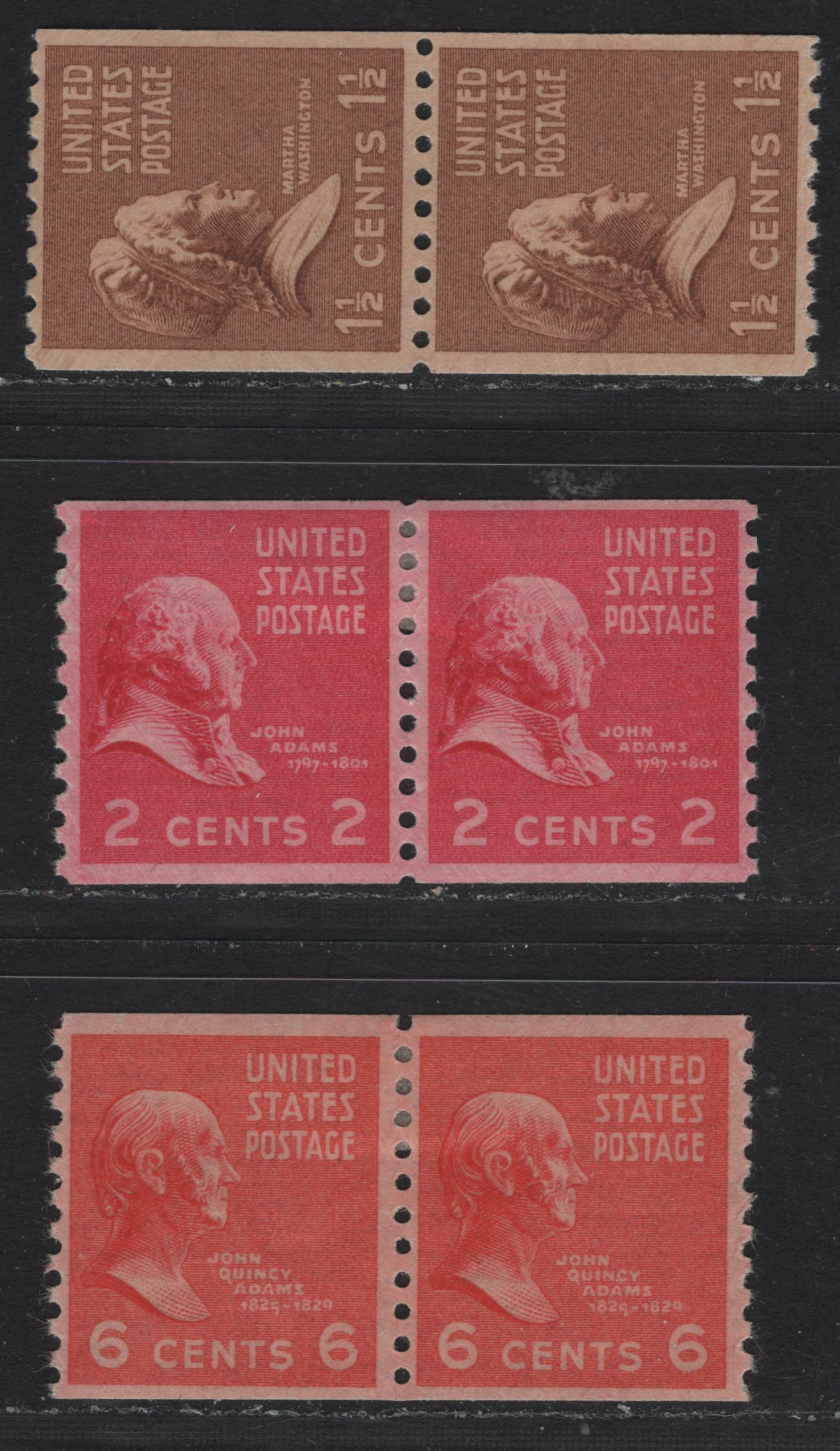 Lot 204 United States SC#841, 846, 849 2c - 6c Rose Carmine - Red Orange, 1938 Presidental Issues, 3 VFOG Coil Pairs, Large Perforation Holes