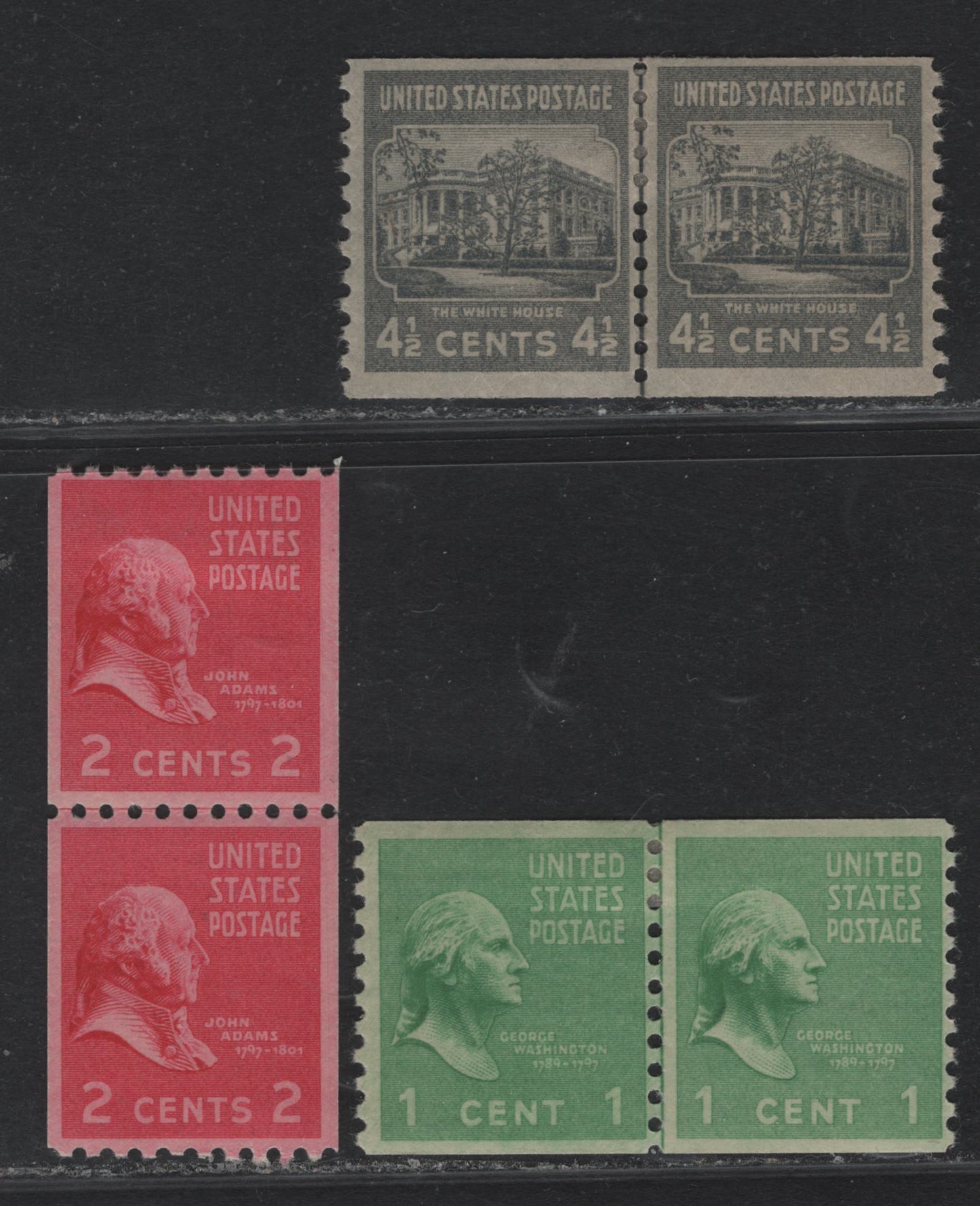 Lot 206 United States SC#839, 844, 850 1c - 4.5c Green - Dark Gray, 1938 Presidental Issue, 3 VFOG/NH Coil Singles, Perf 10 Vertical & Horizontally, Large Holes