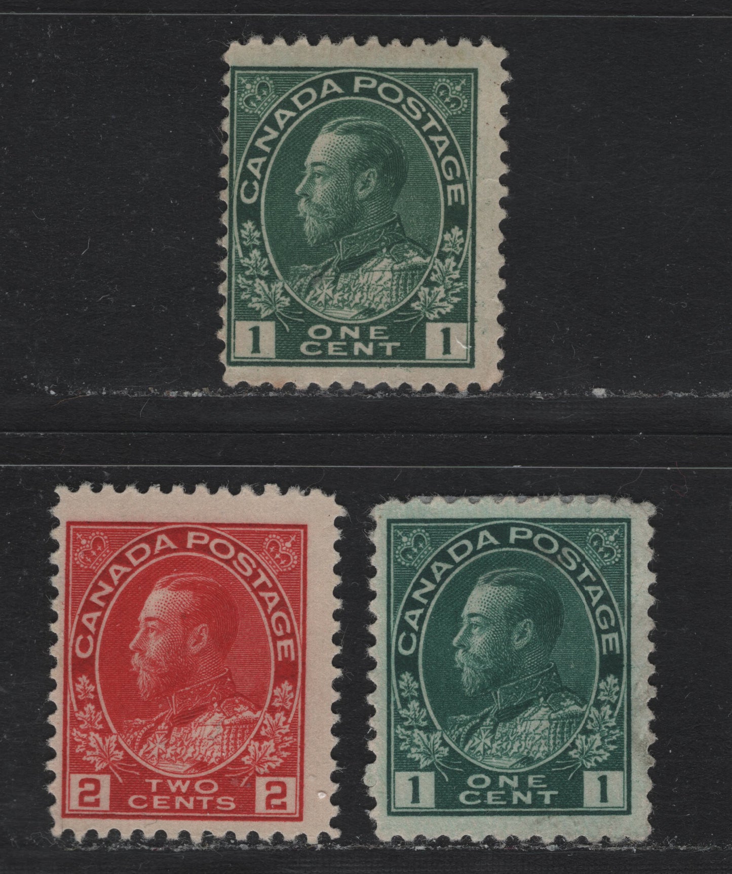 Lot 219 Canada #104,b, 106 1c - 2c Dark Green - Bright Carmine Red, 1911-1925 KGV Admiral Issue, 3 Fine/Very Fine Unused Singles, ABN-A, ABN-B & ABN-E (2c) Papers, Retouched Framelines