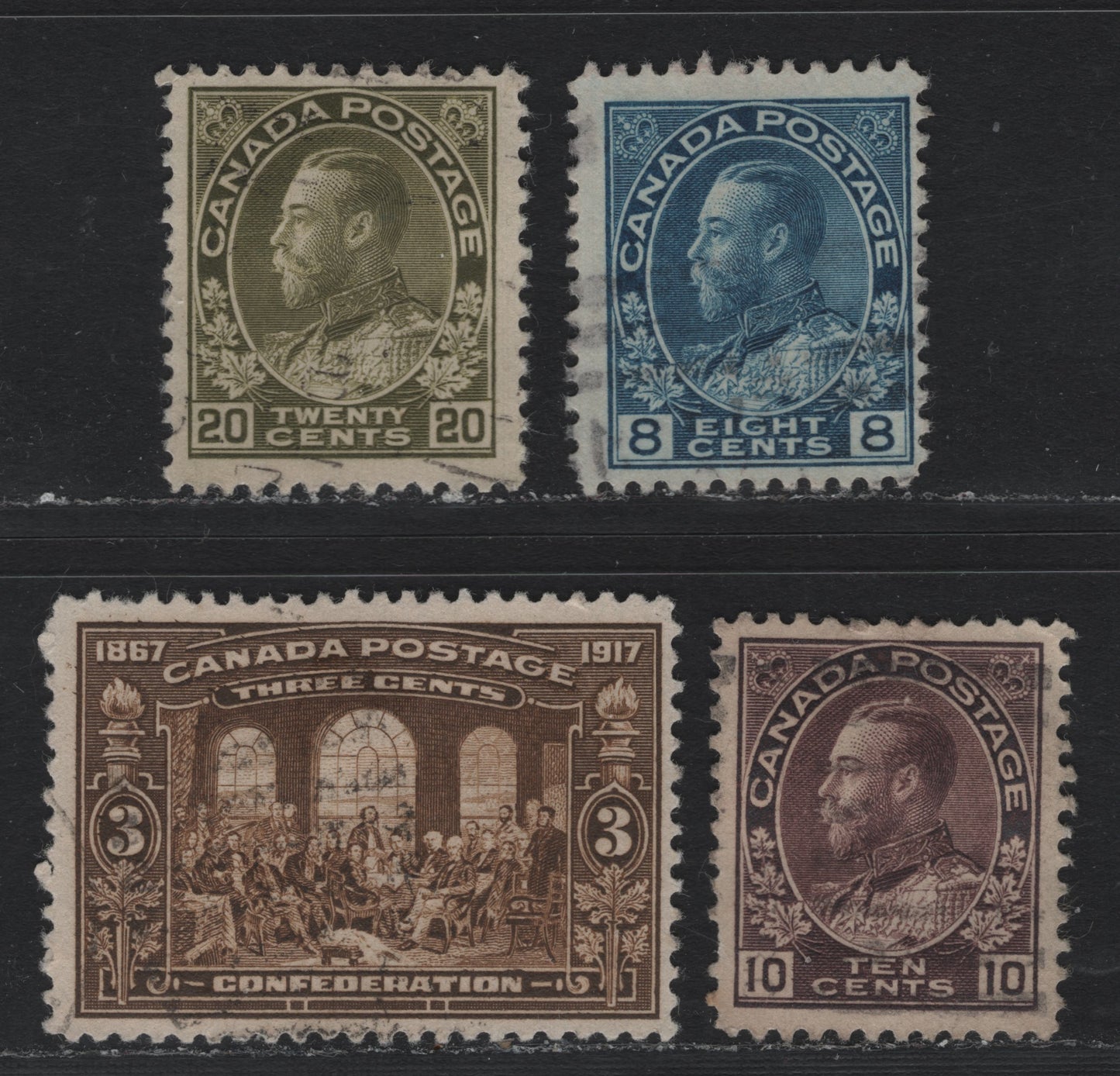 Lot 224 Canada #115-116, 119, 135 8c - 3c Blue - Brown, 1911-1925 KGV Admiral - 50th Anniv of Confederation Issues, 4 Fine/Very Fine Used Singles, Dry Printing, Unchecked With Regard To Specific Paper Types