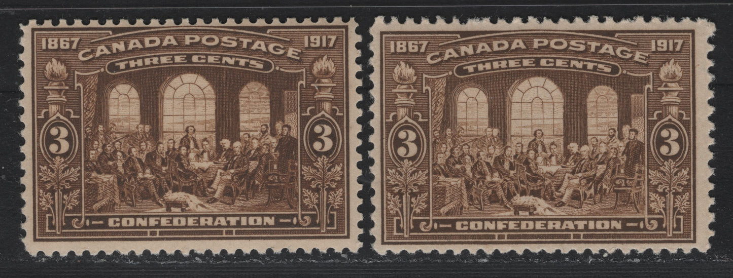 Lot 231 Canada (C) #135 3c Olive Brown - Pale Olive Brown, 1917 50th Anniv of Confederation Issue, 2 FNH Single, ABN-A Papers