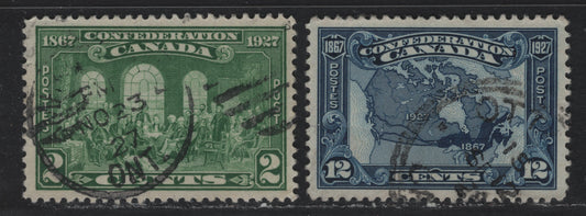 Lot 83 Canada #142, 145 2c - 12c Green - Dark Bright Blue , 1927 60th Anniv of Confederation Issue, 2 Very Fine Used Singles, Large Margins, Unchecked As To Specific Paper Types