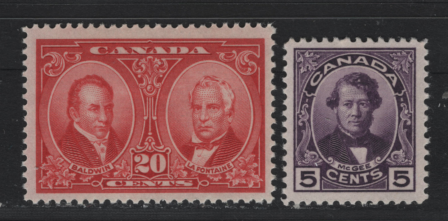 Lot 247 Canada #146, 148 5c - 20c Deep Purple - Carmine Red , 1927 Historical Issue, 2 VFOG Singles, Unchecked As To Specific Paper Types