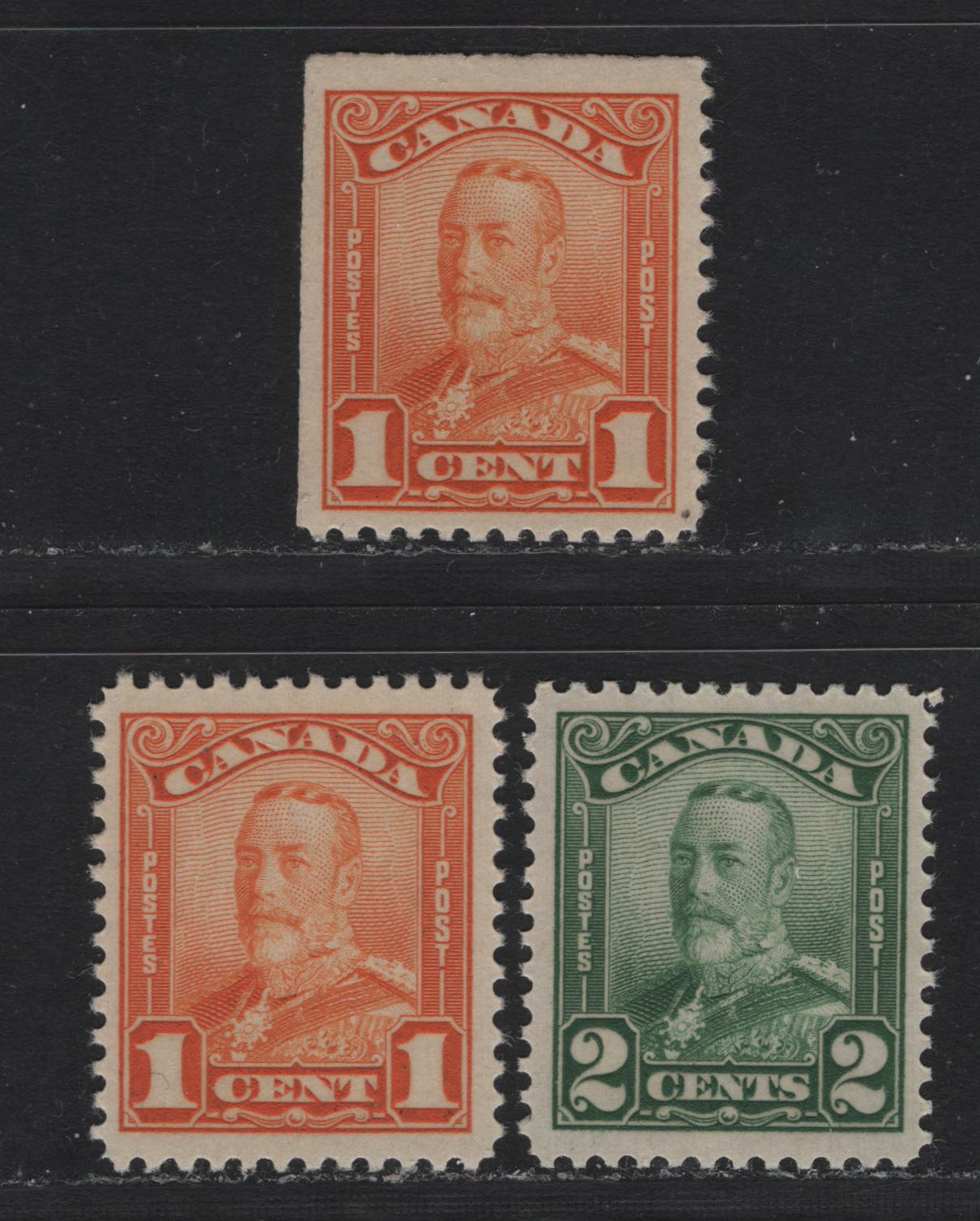 Lot 249 Canada (C) #149-150 1c - 2c Orange - Green , 1928-1929 KGV Scroll Issue, 3 VFNH Singles, ABN-M Paper, Bright Orange Stamp Being An UL Corner Sheet Margin Single