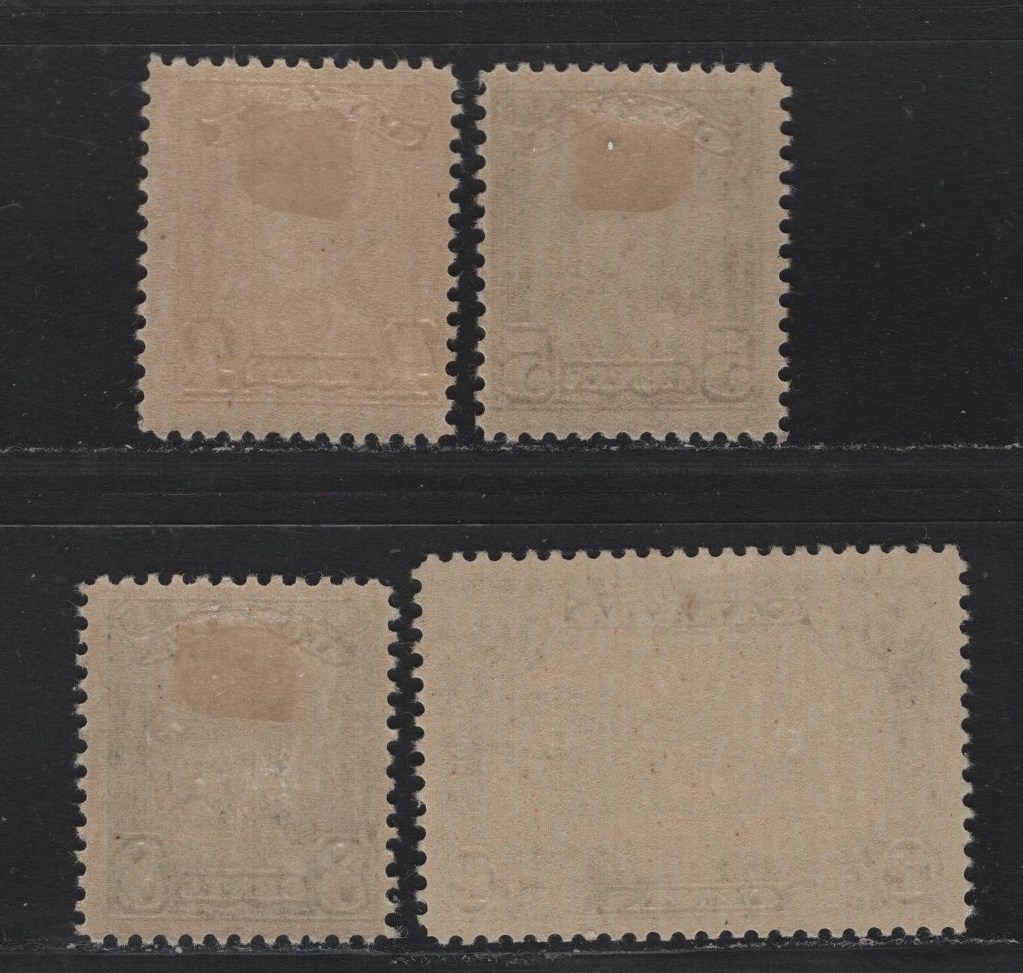 Lot 253 Canada (C) #152-154, 156 4c - 12c Yellow Bistre - Slate , 1928-1929 KGV Scroll Issue, 4 FOG Singles, ABN-XXX, ABN-M, ABN-BBBB & ABN-CCCC Papers