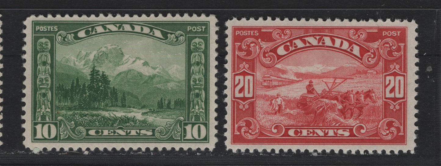 Lot 256 Canada #155, 157 10c - 20c Green - Carmine Red , 1928-1929 KGV Scroll Issue, 2 F/XFOG Singles, ABN-M Paper, The 10c Is Nearly Perfectly Centered Within Balanced, Opposing Margins