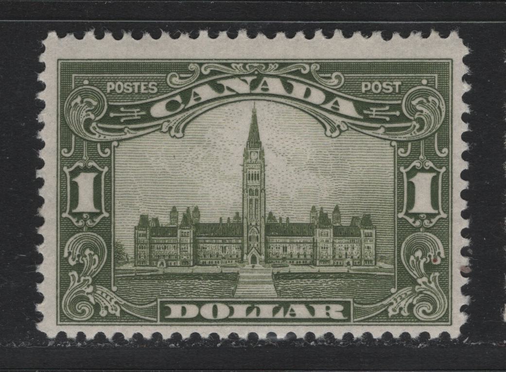 Lot 259 Canada #159 $1 Olive Green , 1928-1929 KGV Scroll Issue, A FOG Single, ABN-IIIII Paper