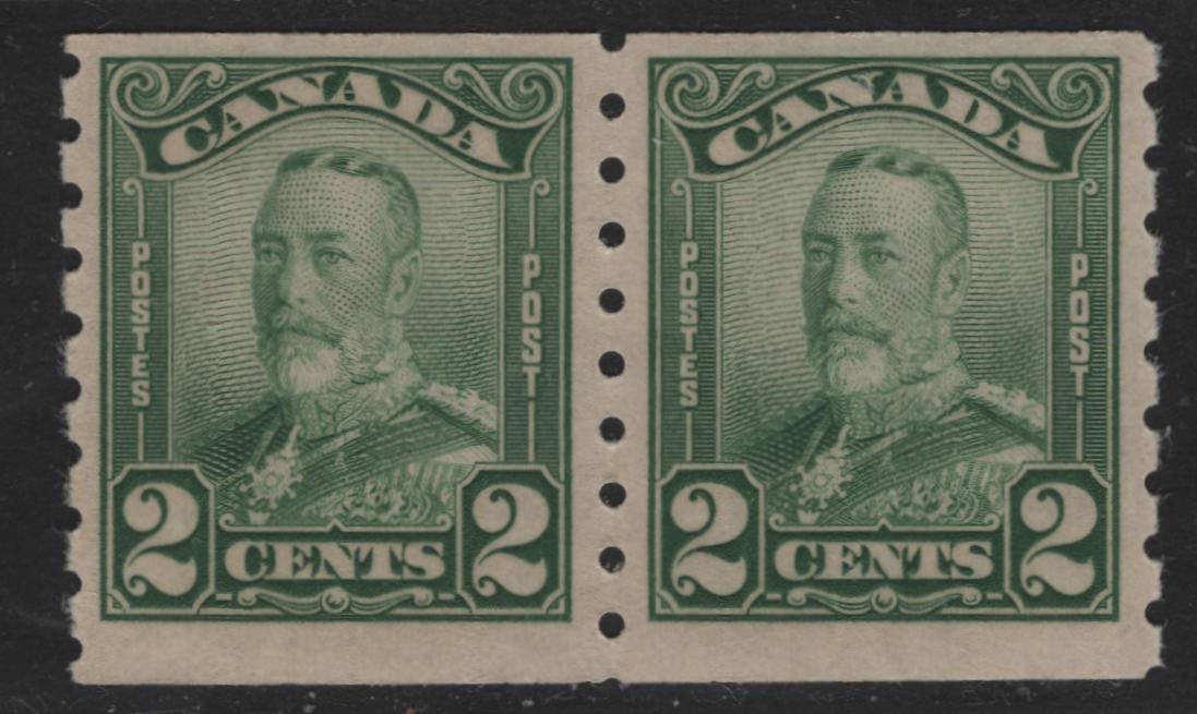 Lot 262 Canada #161 2c Green , 1929 KGV Scroll Coil Issue, A VFNH Coil Pair, ABN-OOOO Paper