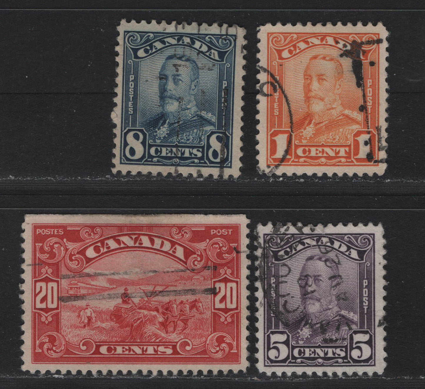 Lot 267 Canada #149, 153-154, 157 1c - 8c Bright Orange - Carmine Red , 1928-1929 KGV Scroll Issue, 4 Fine/Very Fine Used Singles, Unchecked As To Specific Paper Types, 5c is Quite Heavily Crease And Is Not Counted