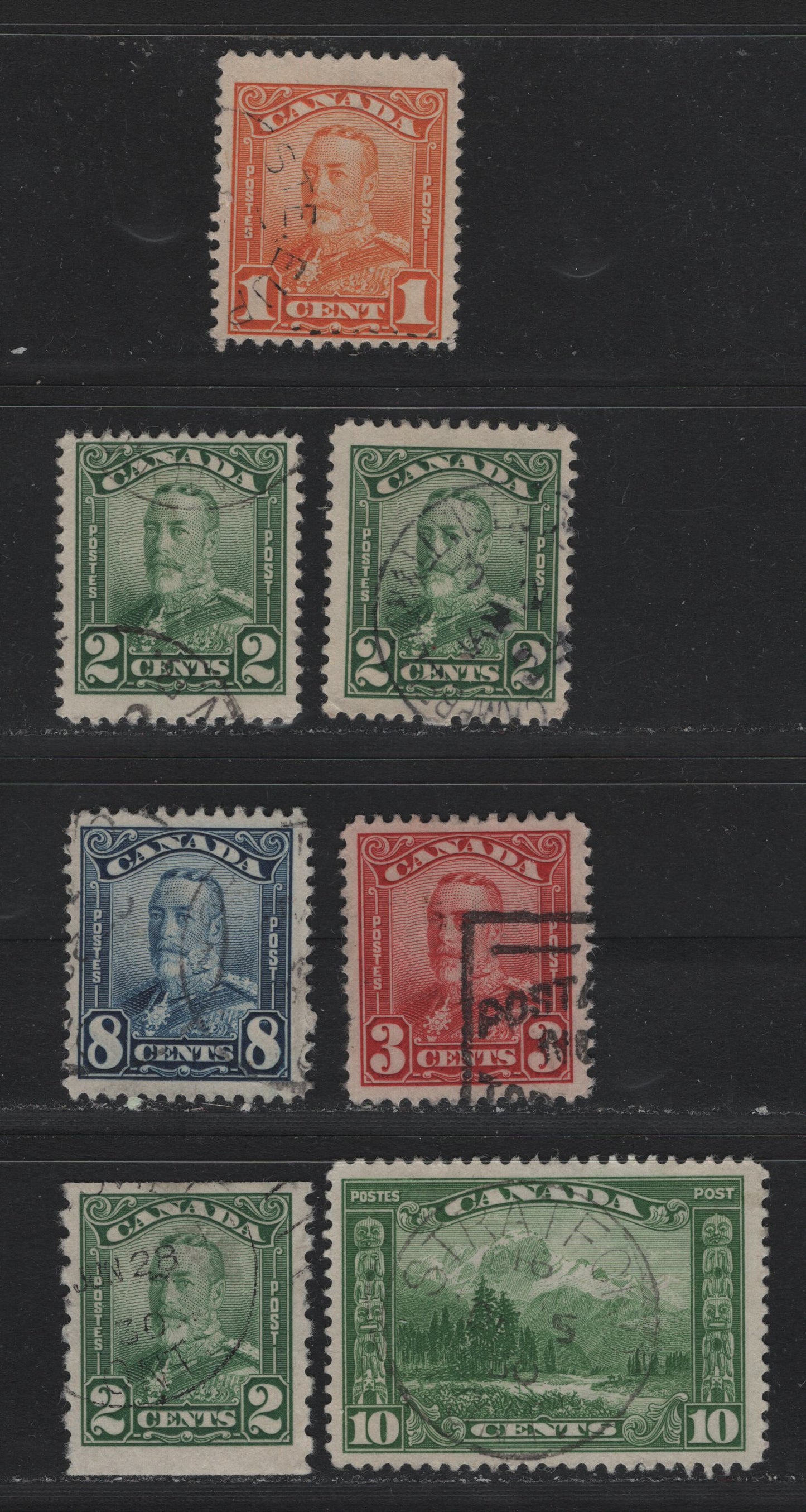 Lot 268 Canada #149-151, 154-155, 161 1c - 10c Orange - Green , 1928-1929 KGV Scroll & Coil Issues, 7 Fine Used Singles, Unchecked As To Specific Paper Types