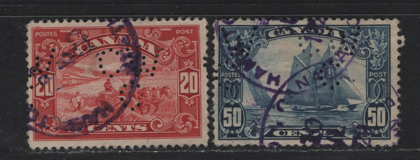 Lot 269 Canada #157-158 20c - 50c Carmine - Dark Blue , 1928-1929 KGV Scroll Issue, 2 Good/Very Fine Used Singles, Canadian Westinghouse Perfeins From Pos. 1, 50c Has Some Thinning At Left