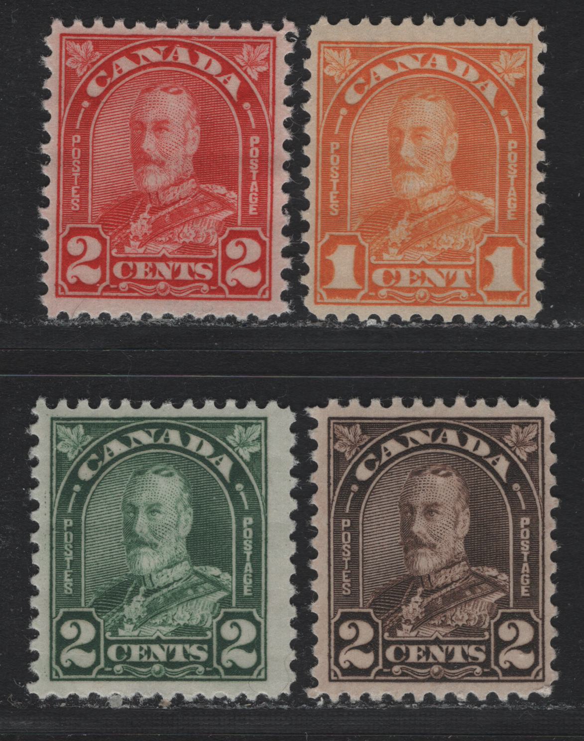 Lot 275 Canada #162, 164-165, 166b 1c - 2c Orange - Dark Brown , 1930-1931 KGV Arch/Leaf Issue, 4 VFOG/NH Singles, Unchecked As To Specific Paper Type Or Perf, Shade Of 2c Scarlet & Green Are Slightly Different From Lot 274, 2c Green Is NH.