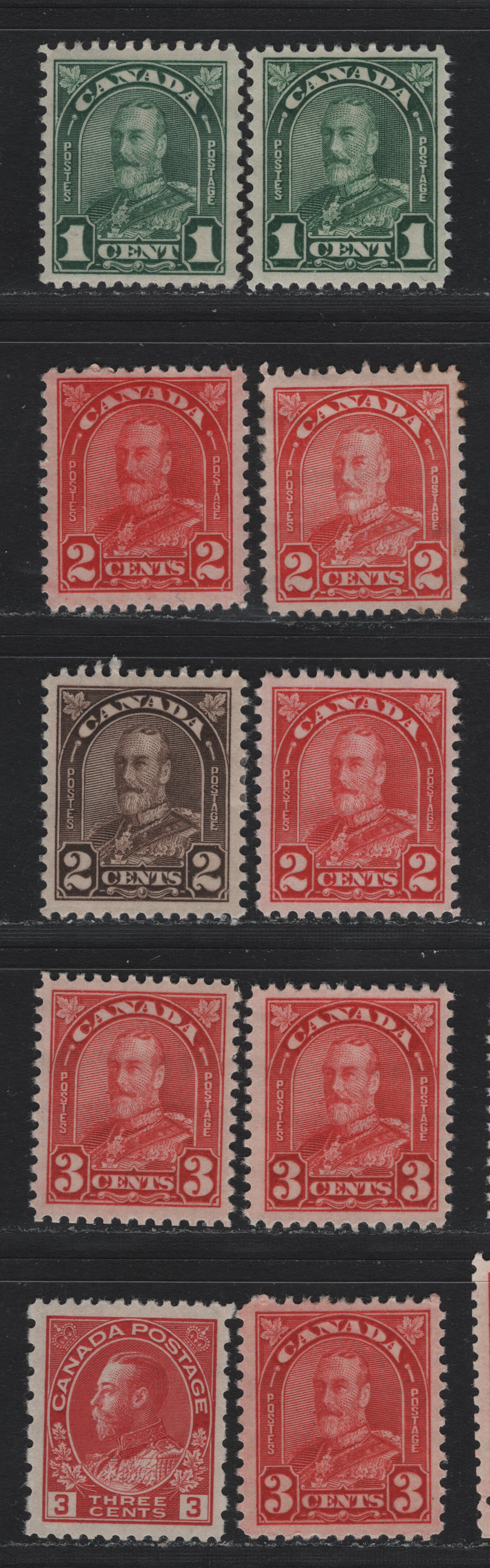Lot 280 Canada #163,b, 165,a, 166-167, 184 1c - 3c on 2c Myrtle Green - Carmine , 1930-1931 KGV Arch/Leaf - Provisional Issues, 10 VFOG/NH Singles, Unchecked As To Specific Paper Type Or Perf, Includes Both Dies Of 1c & 2c (2 Shades Of Die 2)