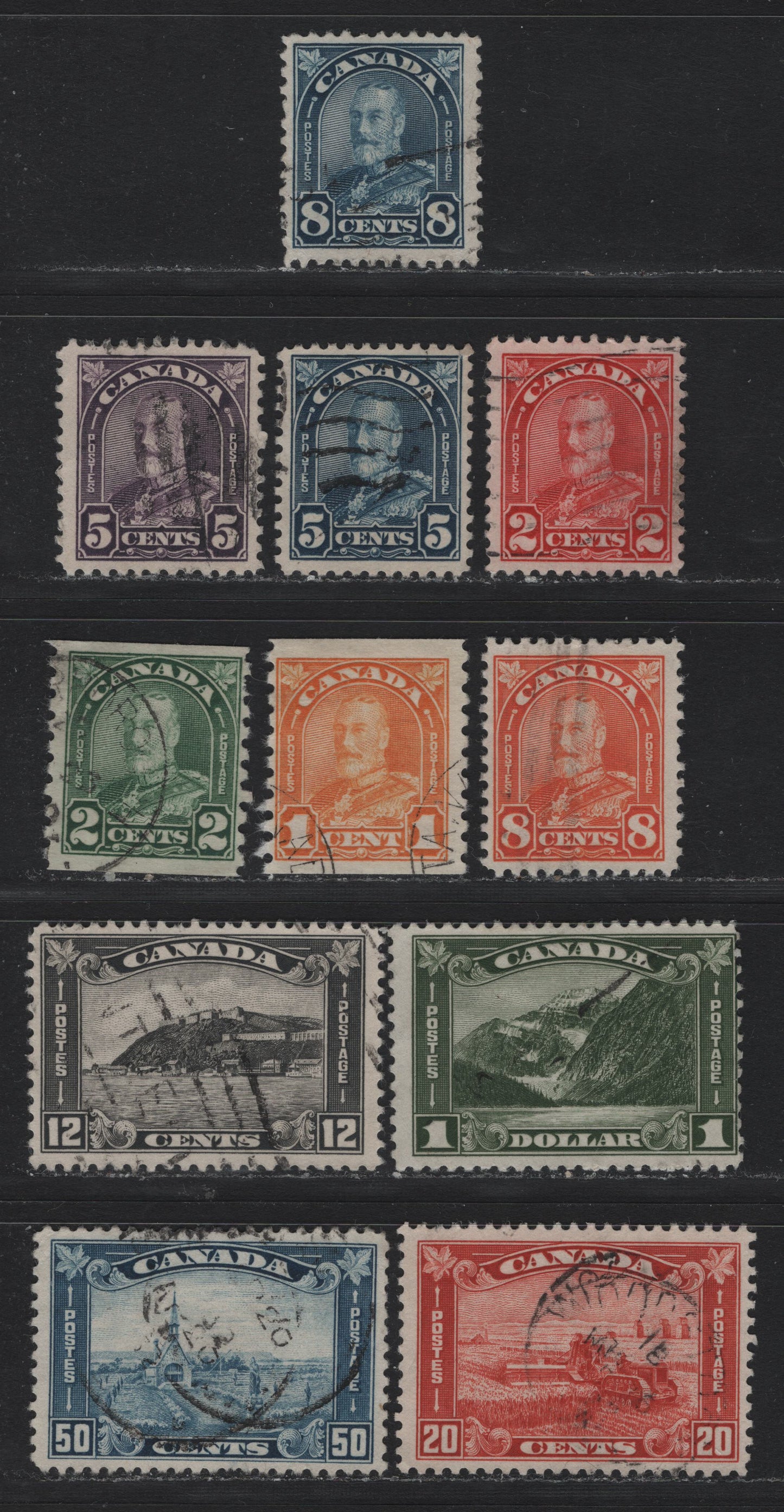 Lot 285 Canada #165, 196a, 170-172, 174-178, 180 2c - $1 Scarlet - Bronze Green , 1930-1931 KGV Arch/Leaf Issue, 11 Fine/Very Fine Used Singles, Unchecked As To Specific Paper & Perfs