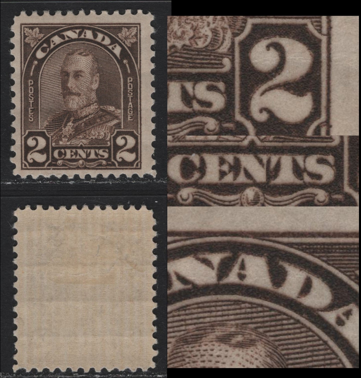 Lot 287 Canada #166var 2c Dark Brown , 1930-1931 KGV Arch/Leaf Issue, A FOG Single, BABN-M Paper, Die 2, Perf 11.2x10.8, Showing Traces Of Re-Entry In D Of Canada, S Of Cents & Right 2.