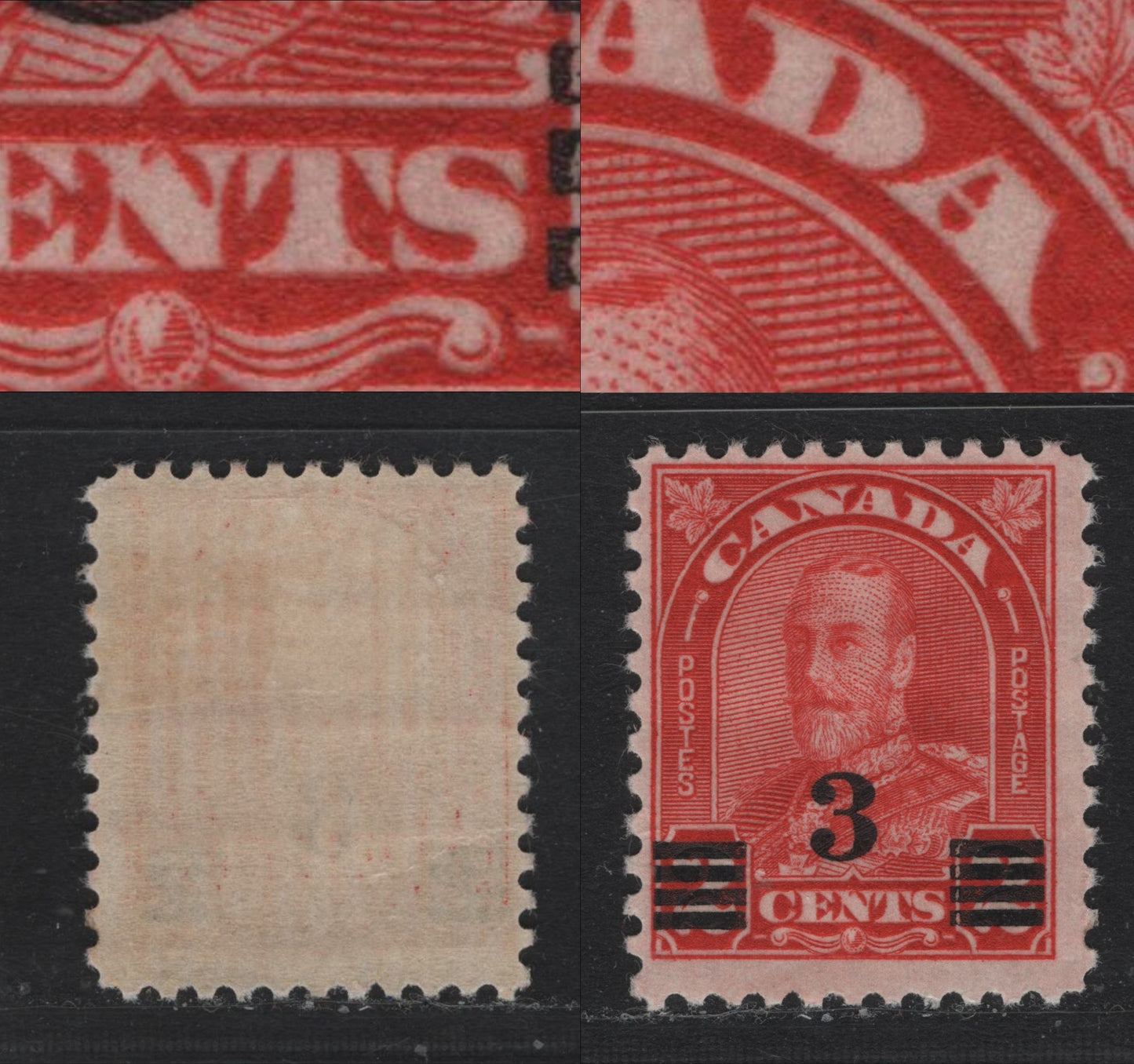 Lot 291 Canada #191 3c on 2c Deep Scarlet , 1932 KGV Arch/Leaf Provisional Issue, A FOG Single, BABN-O Paper, Perf 11x10.9, Showing Traces Of Re-Entry In D Of Canada & S Of Cents.