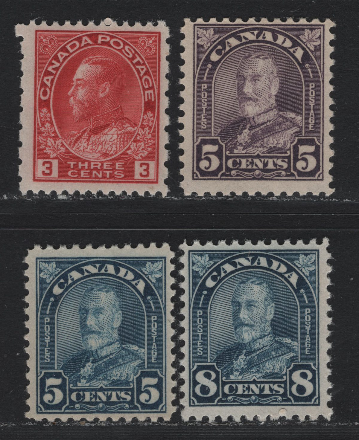 Lot 86 Canada #169a, 170, 179, 184 5c - 3c Dull Violet - Carmine , 1930-1931 KGV Arch/Leaf - Provisional Issues, 4 FNH Singles, Unchecked As To Specific Paper & Perfs