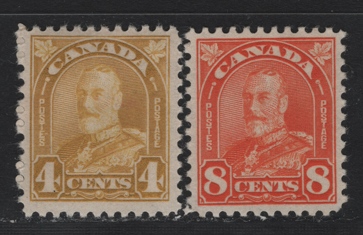 Lot 295 Canada #168, 172 4c Bistre Yellow & Orange , 1930-1931 KGV Arch/Leaf Issue, 2 VFOG LL Singles, Unchecked As To Specific Paper & Perfs