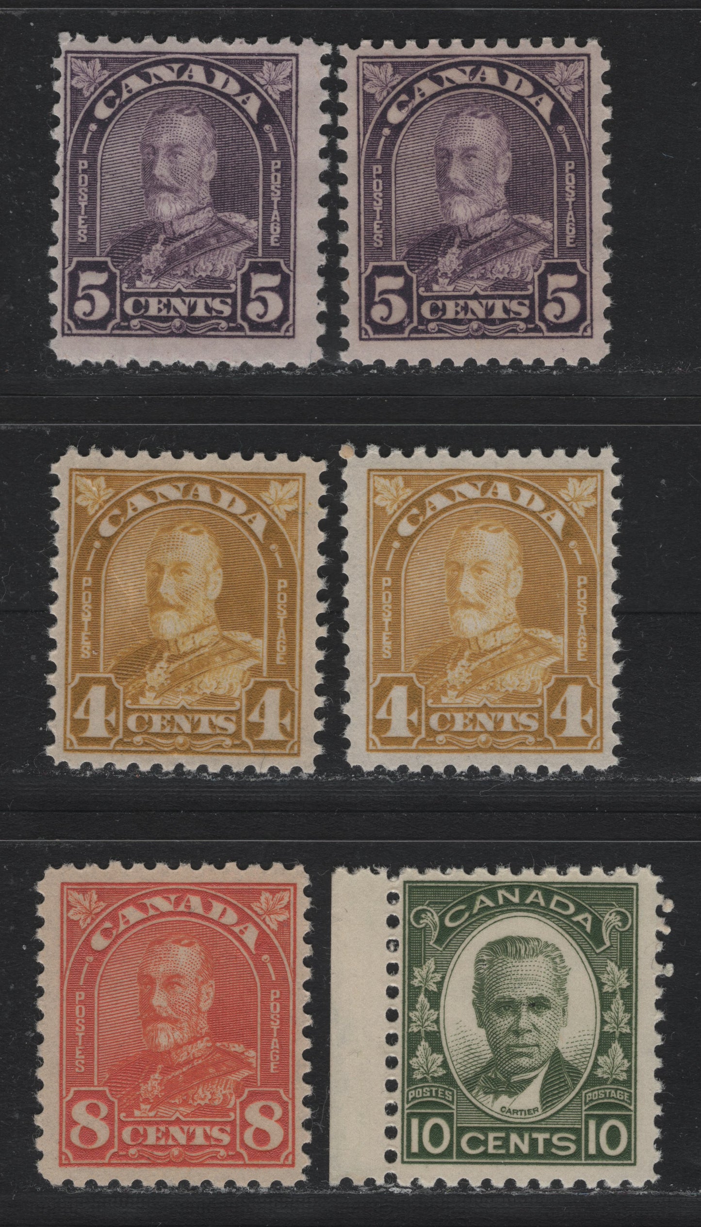 Lot 296 Canada #167, 169, 172, 190 4c - 10c Bistre Yellow - Deep Olive Green , 1930-1931 KGV Arch/Leaf - George Etienne Issues, 6 FNH Singles, Unchecked As To Specific Paper & Perfs