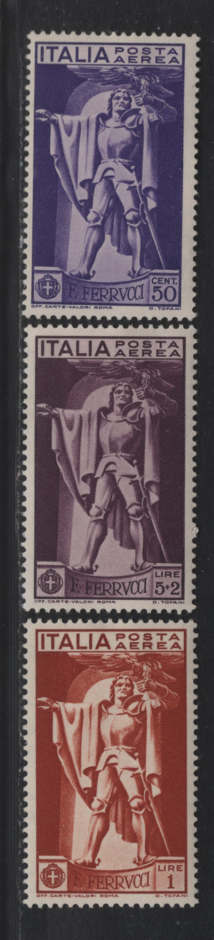 Lot 3 Italy Scott#C20-C22 50c - 5l+2l Purple - Brown Violet , 1930 Ferucci Airmail Issue, 3 F/VFOG Singles
