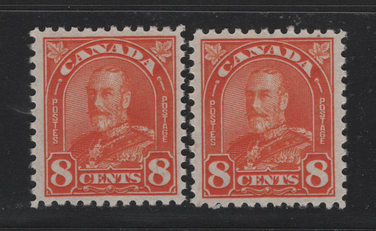Lot 307 Canada #172 8c Dull Red Orange , 1930-1931 KGV Arch/Leaf Issue, 2 VFOG Singles, BABN-HHH Papers, Perf 10.8x10.9 & 10.7x10.8, The Gum Is Not Hinged But Both Stamps Show Very Tiny Disturbances In The Gum.