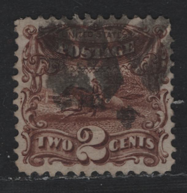 Lot 31 United States SC#113 2c Dark Brown , 1869 Presidents Issue, A Very Fine Used Single, Perf 11.9x12.1, Full Grill Impression, Segmented Cork Cancel.