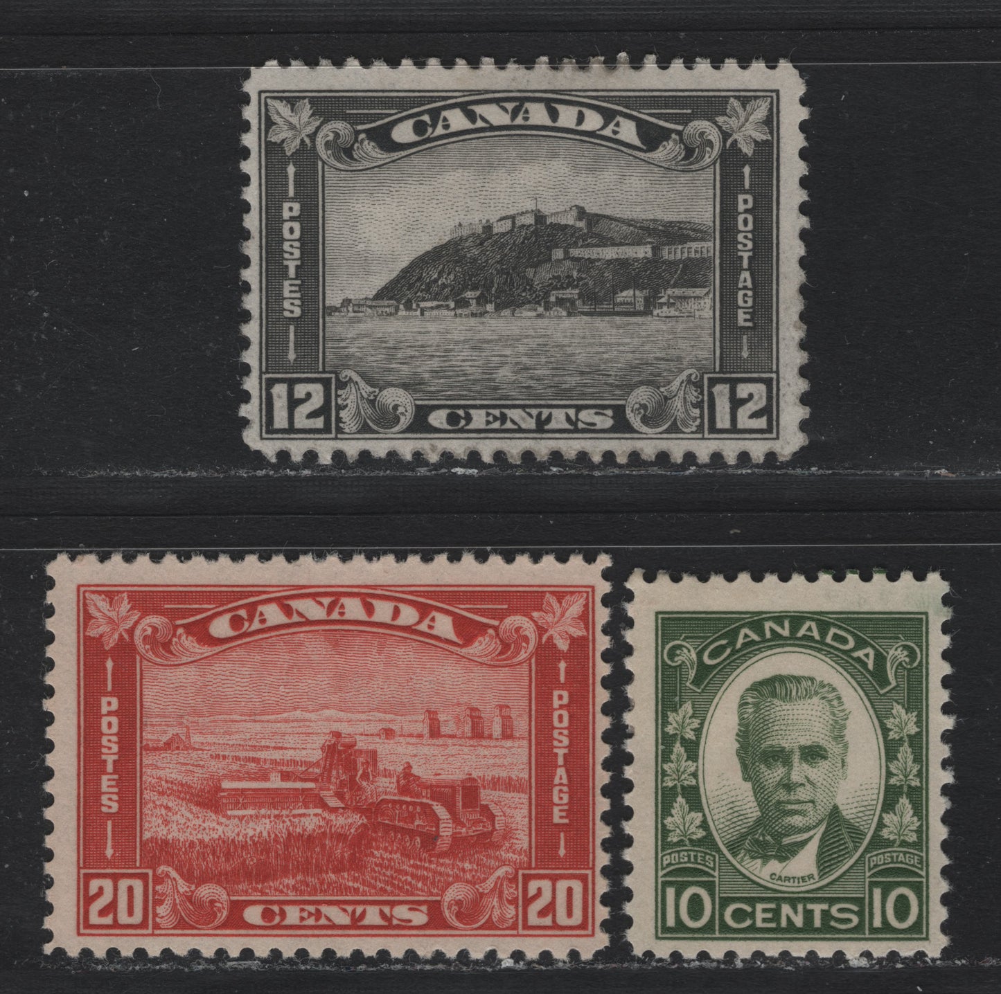 Lot 313 Canada (C) #174-175, 190 10c - 20c Bronze Green - Dull Vermillion , 1930-1931 KGV Arch/Leaf - George Etienne Issues, 3 FOG Singles, Unchecked As To Specific Paper & Perfs, the 12c Has Large Part OG That Is Disturbed