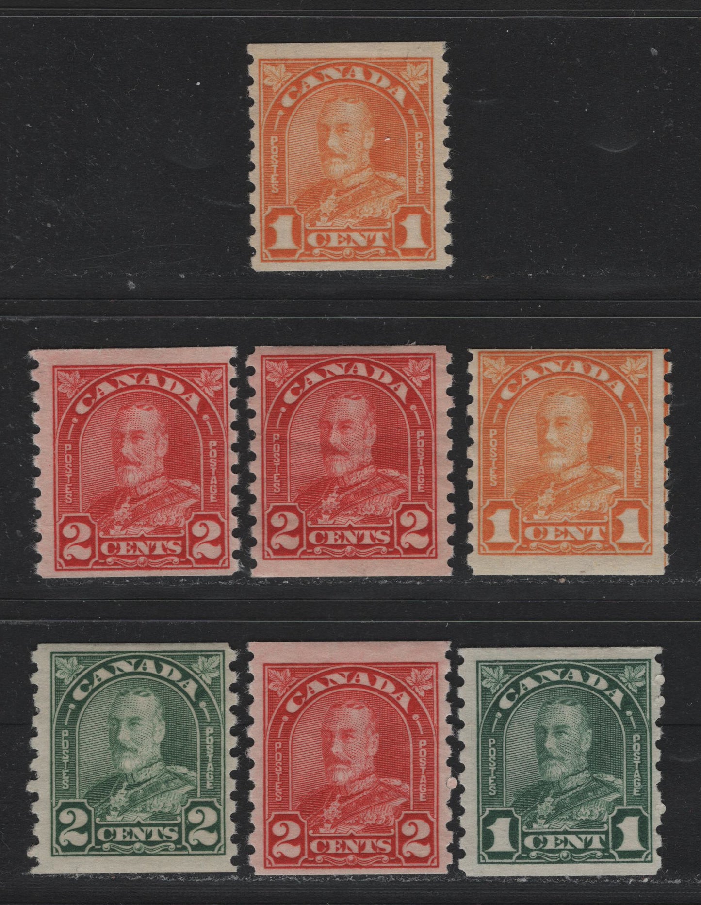 Lot 328 Canada #178-181 1c - 2c Orange - Deep Red , 1930-1931 KGV Arch/Leaf Coil Issue, 4 FOG Coil Singles, Unchecked As to Specific Paper Types, But All Appear Different From One Another