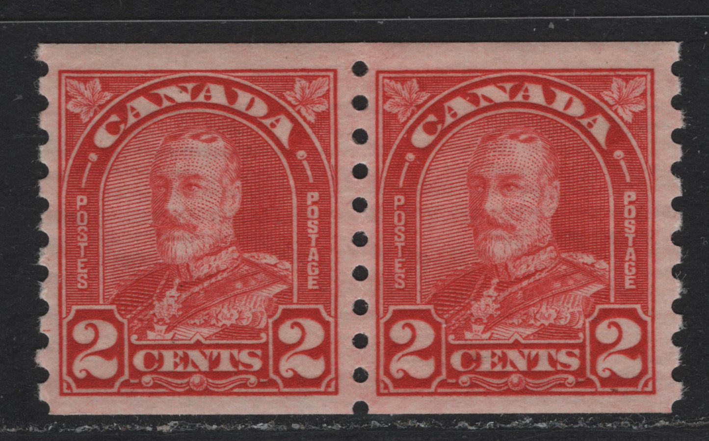 Lot 333 Canada #181 2c Deep Red , 1930-1931 KGV Arch/Leaf Coil Issue, A VFOG Coil Pair, BABN-Z Paper