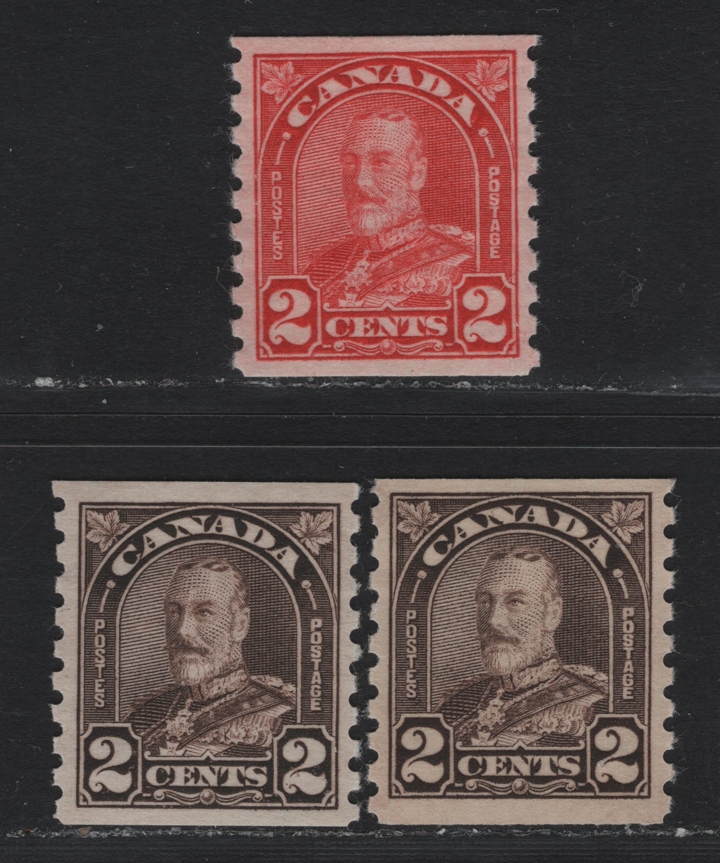 Lot 335 Canada #181-182 2c Scarlet - Dark Yellowish Brown , 1930-1931 KGV Arch/Leaf Coil Issue, 3 VFOG Coil Singles, BABN-Z & BABN-Y Papers