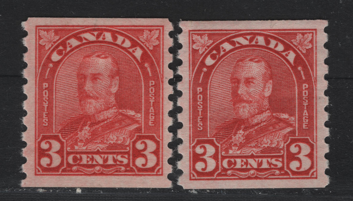 Lot 339 Canada #183 3c Scarlet Red , 1930-1931 KGV Arch/Leaf Coil Issue, 2 VFOG Coil Singles, BABN-Z & BABN-LLL Papers