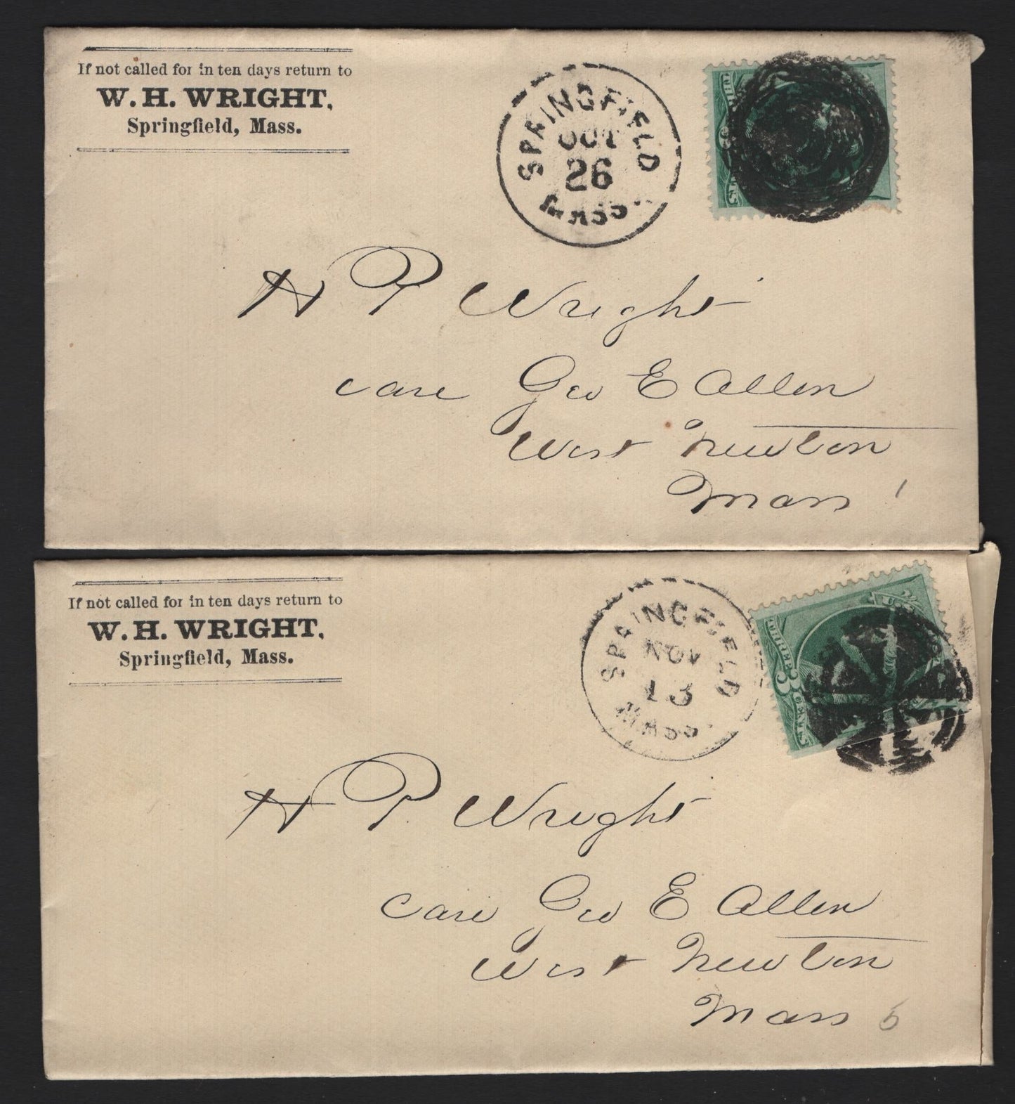 Lot 43 United States SC#158 3c Green , 1870-1871 Large Banknote Issue, 2 Very Fine Used Covers, W.H Wright Corner Card Covers, Featuring Two Different Springfield Duplex Obliterators