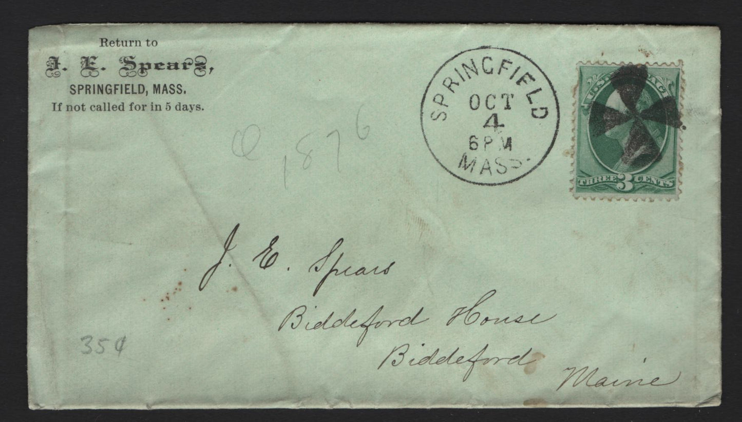 Lot 45 United States SC#158 3c Green , 1870-1871 Large Banknote Issue, A Very Fine Used Cover, J.E Spears Corner Card Cover, Addressed To Owner (Mr Spears) At Biddeford House