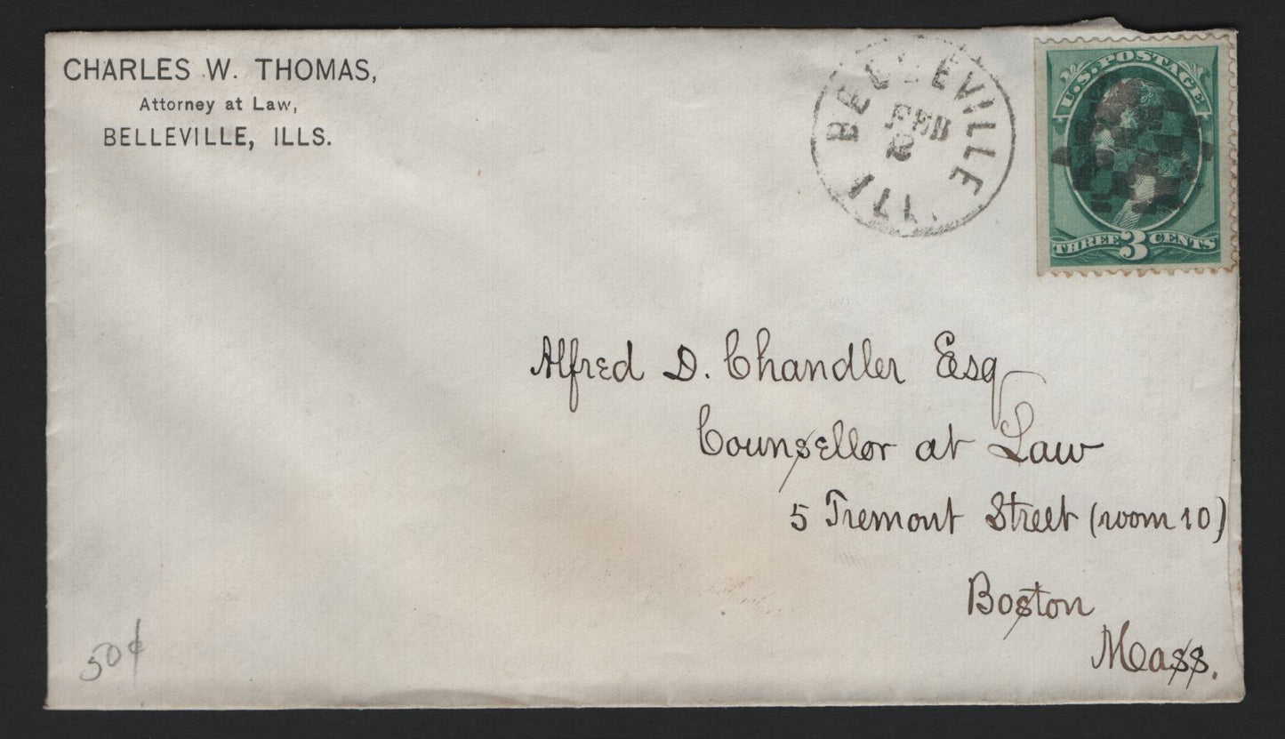 Lot 47 United States SC#158 3c Green , 1870-1871 Large Banknote Issue, A Very Fine Used Cover, Superb Charles Thomas Corner Card Cover With Clear & Superb Strike Of The Belleville Illinois Chequerboard Fancy Cancel