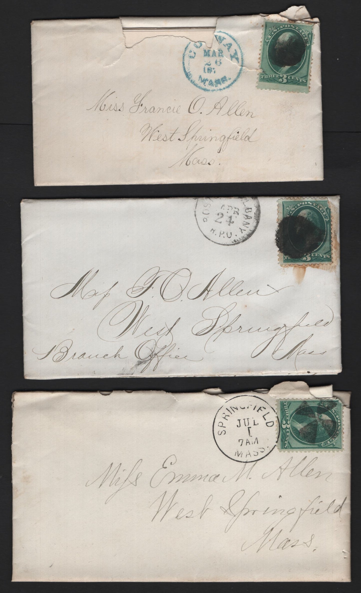 Lot 59 United States SC#158 3c Green , 1870-1871 Large Banknote Issue, 3 Fine Used Covers, More Letters From The Fran Allen Correspondence, Each Letter From A Different Person In Her Life, Stamps Have Small To Moderate Faults.