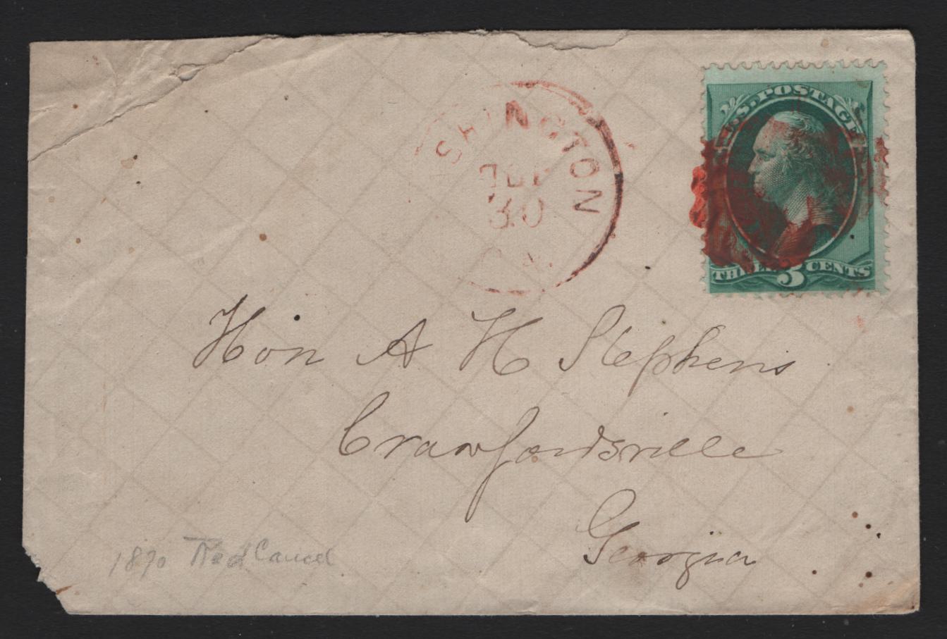 Lot 60 United States SC#158 3c Green , 1870-1871 Large Banknote Issue, A Very Good/Fine Used Cover, Addressed To Alexander Stephens, Vice President Of The Confederate States & Later Served As US Representative & Governor Of Georgia, Red Cancel.
