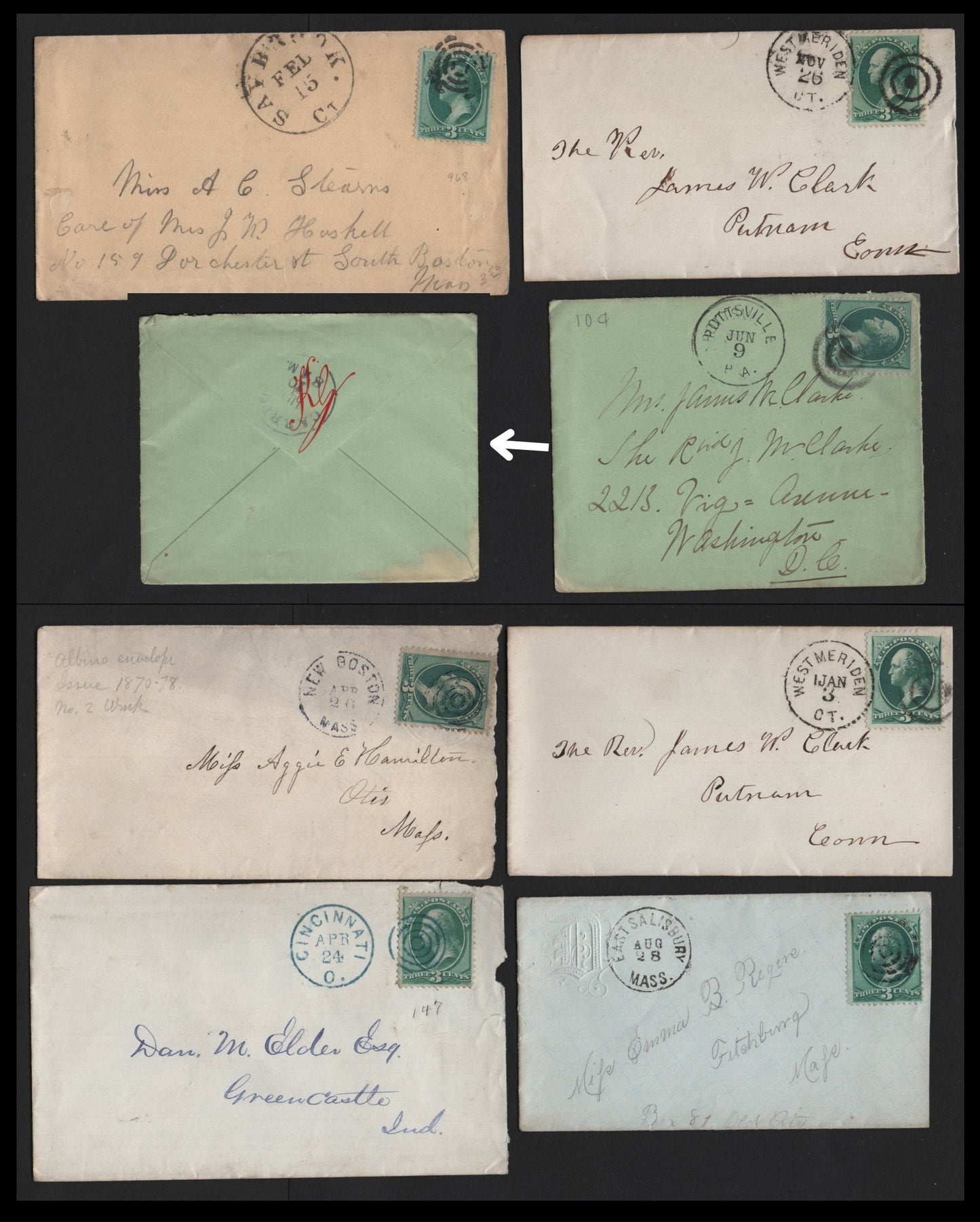 Lot 65 United States SC#158 3c Green , 1870-1871 Large Banknote Issue, 7 Fine/Very Fine Used Covers, Continental Printings, Each Showing Various Target Cancel Duplexes, All With Readable Town Names IN Ohio, Connecticut, Pennsylvania & Massachusetts.