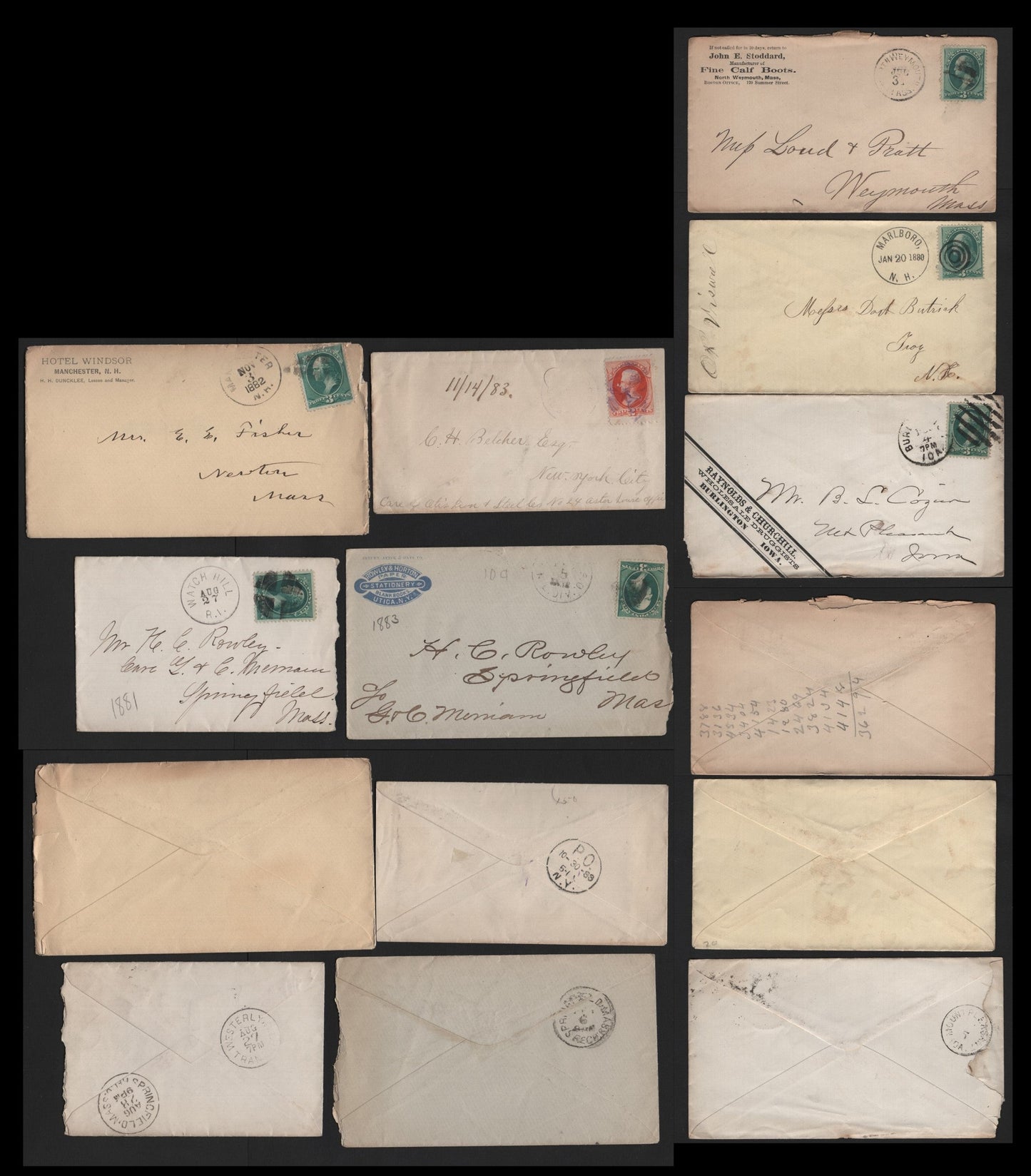 Lot 68 United States SC#183-184 2c - 3c Vermillion - Green , 1879 American Banknote Printing Issue, 6 Very Good/Fine Used Covers, Many Corner Cancels