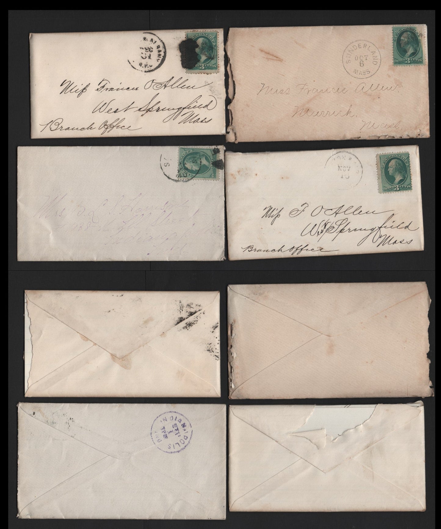 Lot 71 United States SC#184 3c Green , 1879 American Banknote Printing Issue, 4 Very Fine Used Covers, Full & Complete Letters, Three Being From The Fran Allen Correspondence