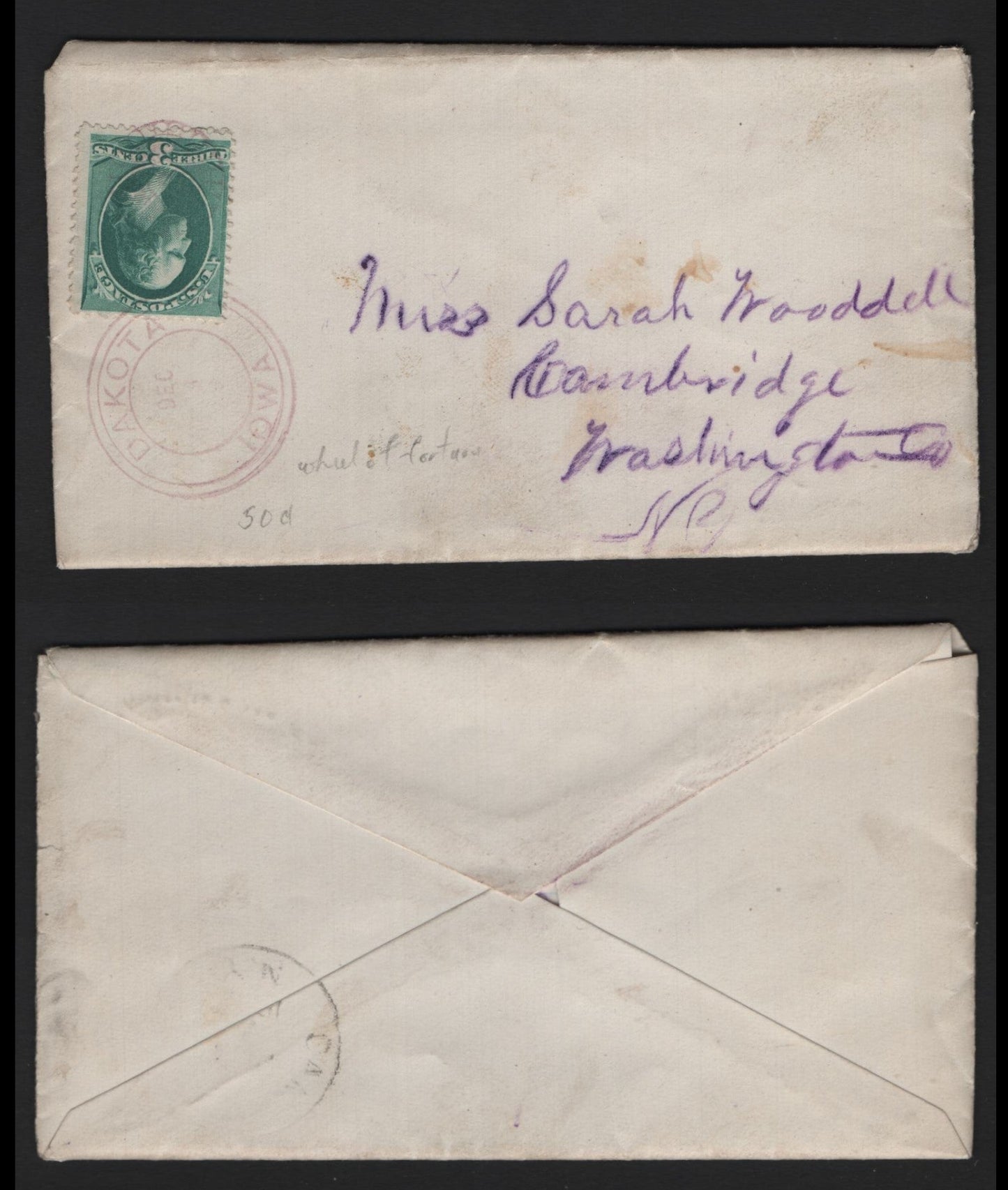 Lot 73 United States SC#207 3c Green , 1881-1882 American Banknote Printing Issue, A Very Fine Used Cover, Re-Engraved Washington Stamp, For The Discontinued Dakota, Iowa Post Office In Humboldt Country, Includes A Complete Handwritten Letter.