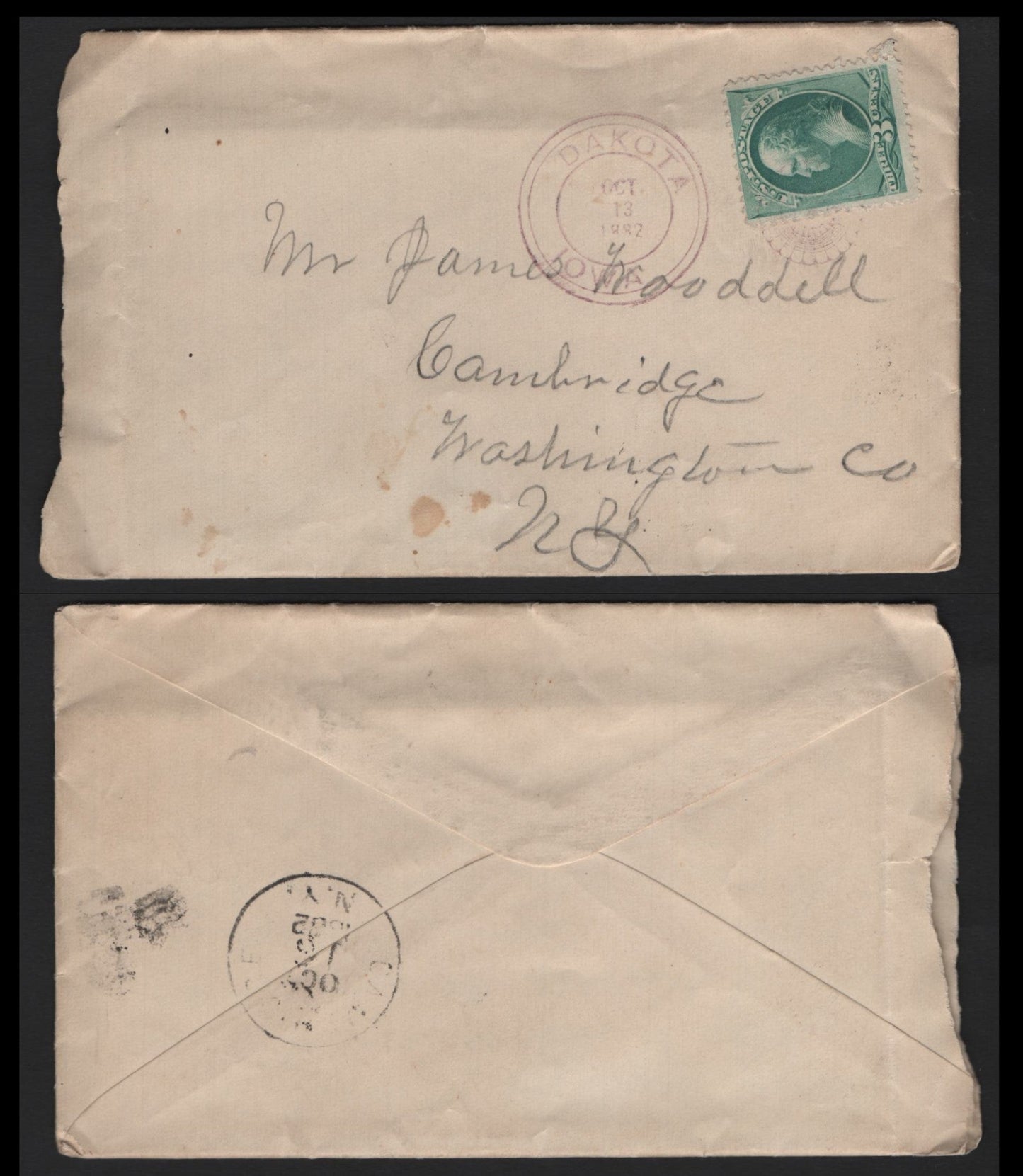 Lot 74 United States SC#207 3c Blue Green , 1881-1882 American Banknote Printing Issue, A Fine Used Cover, Re-Engraved, From Dakota, Iowa To NY, Showing Stamp Tied By Scarce Dakota, Iowa Wheel Of Fortune Duplex Cancel, Contains Complete Letter.