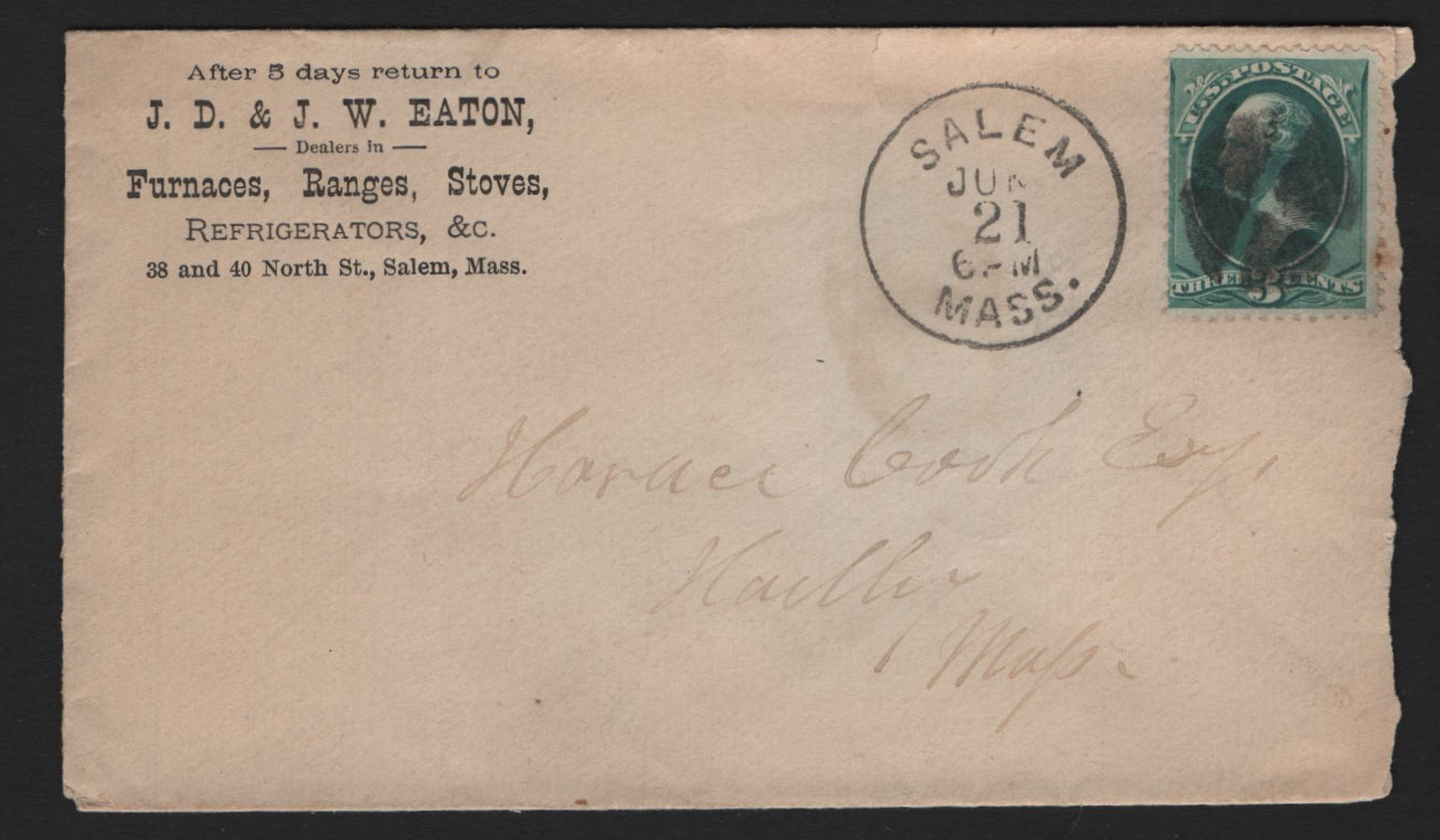 Lot 76 United States SC#207 3c Blue Green , 1881-1882 American Banknote Printing Issue, A Fine Used Cover, Re-Engraved ABN Printing, Fine J.D & J.W Eaton Corner Card Cover, Salem, Mass Duplex Cancel (Selling Appliances).